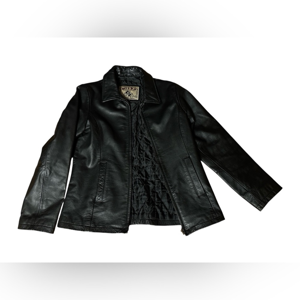 Vintage Unisex Wilda Black Leather Motto Jacket Mid Length Zip Up Medium
